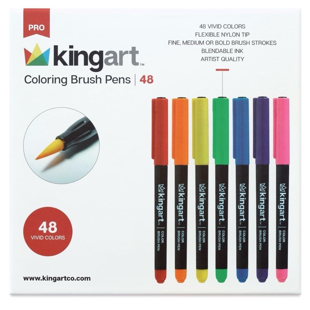 Kingart Pro Artist Quality Watercolour Colouring Brush Pens - 48 Vivid Colours